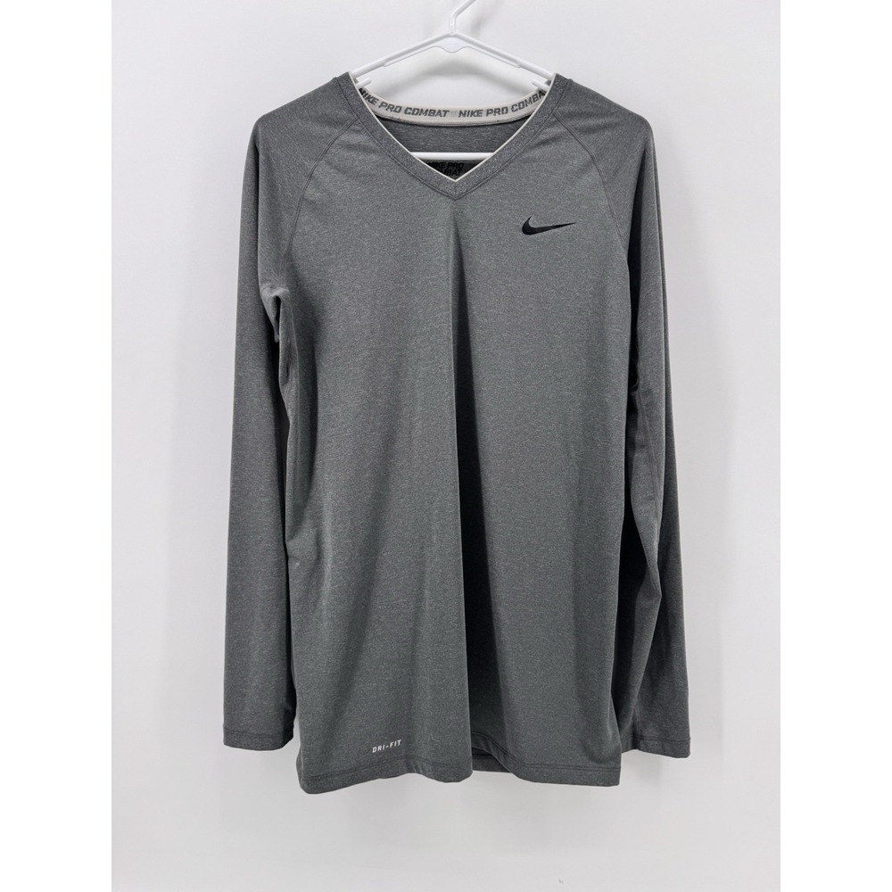 Nike Pro Combat Dri Fit‎ Fitted Shirt Long Sleeve V-Neck Gray Womens Medium L